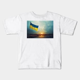 Ukrainian flag on a city , Free city's of Ukraine , Ukraine is winning 3d illustrated Kids T-Shirt